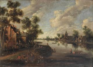 Cornelis Droochsloot - A river landscape with a ferry boat