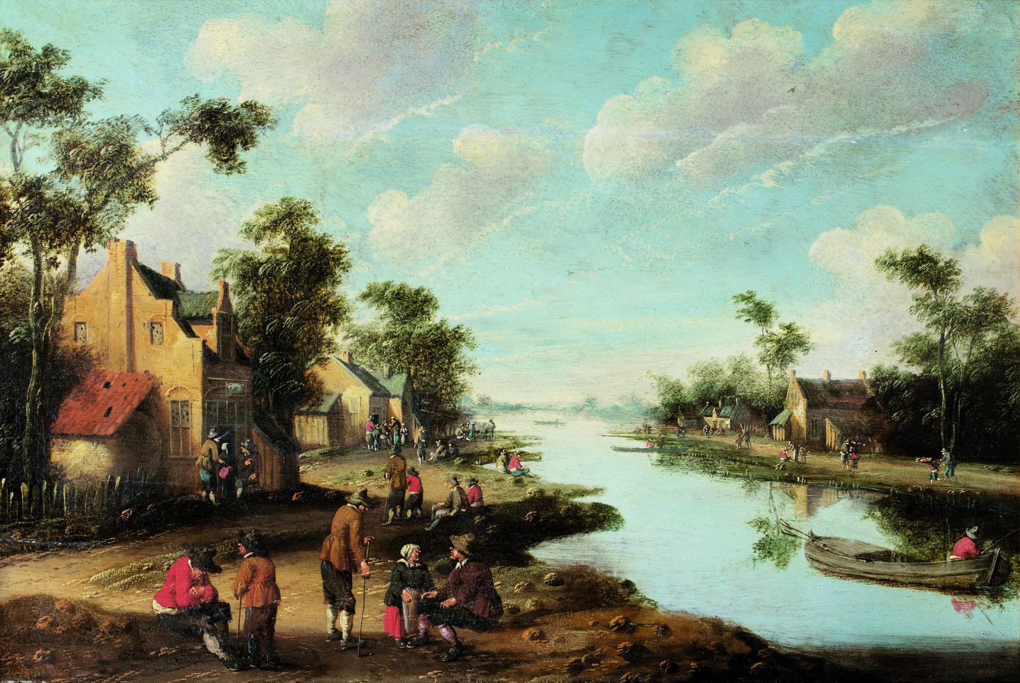 Cornelis Droochsloot - A River Landscape With Figures Resting Near An Inn