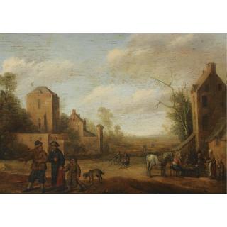 Cornelis Droochsloot - A Village Scene With Travellers On A Path, Peasants Sitting At A Table To The Right
