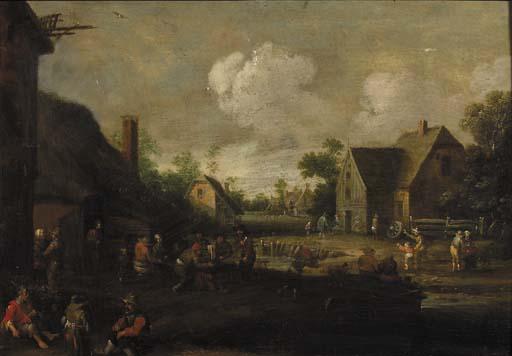 Cornelis Droochsloot - A village street with boors at table outside a tavern, beggars in the foreground