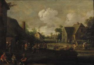 Cornelis Droochsloot - A village street with boors at table outside a tavern, beggars in the foreground