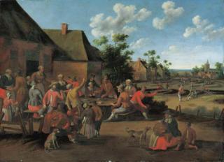 Cornelis Droochsloot - Peasants feasting outside an inn in a village