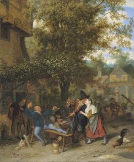 Cornelis Dusart - A Fiddler And Peasants Drinking And Carousing Outside A Village Inn