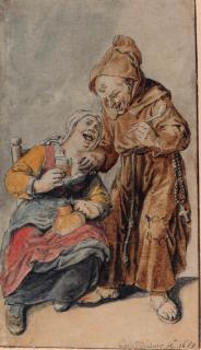 Cornelis Dusart - A monk with a pipe offered a glass of beer by a woman