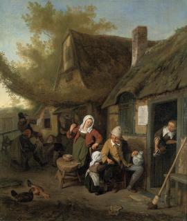 Cornelis Dusart - A peasant family outside a cottage