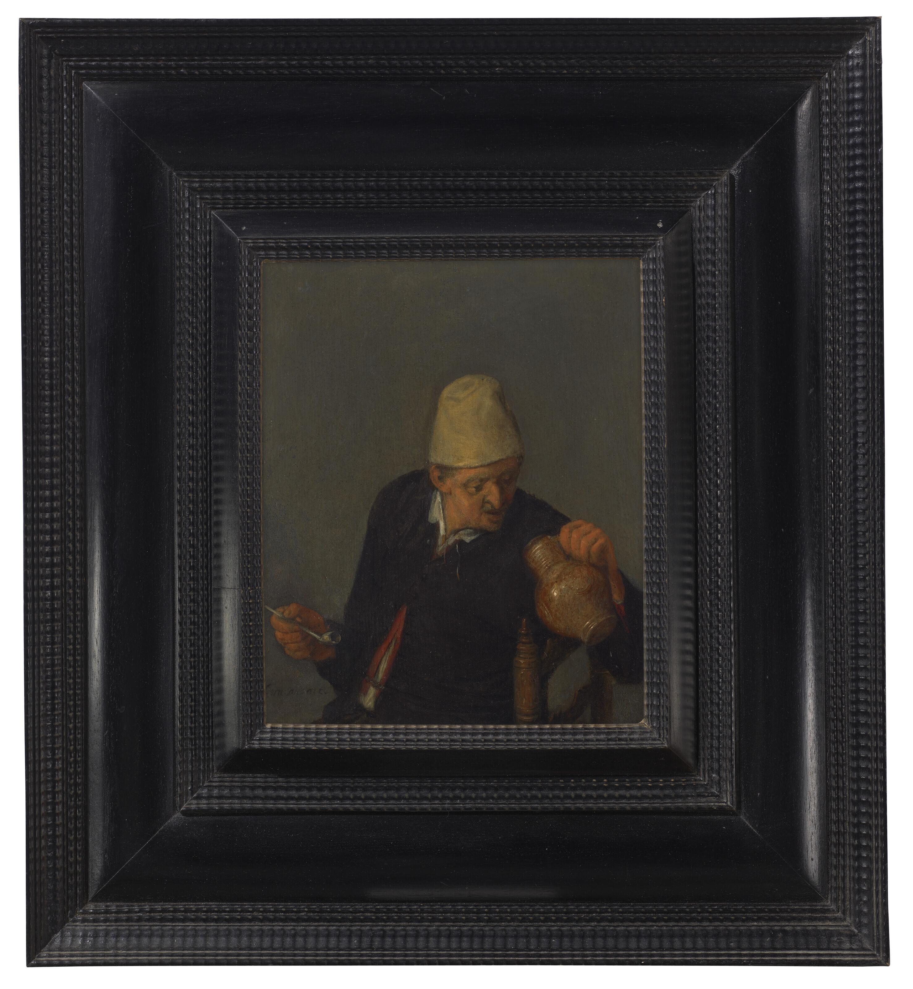 Cornelis Dusart - A Peasant Holding A Jug And Pipe