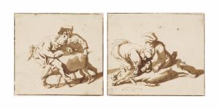 Cornelis Dusart - A Pig Led To The Slaughter; And Two Butchers Slaughtering A Pig