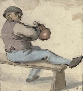 Cornelis Dusart - A seated drinker holding an earthenware pot
