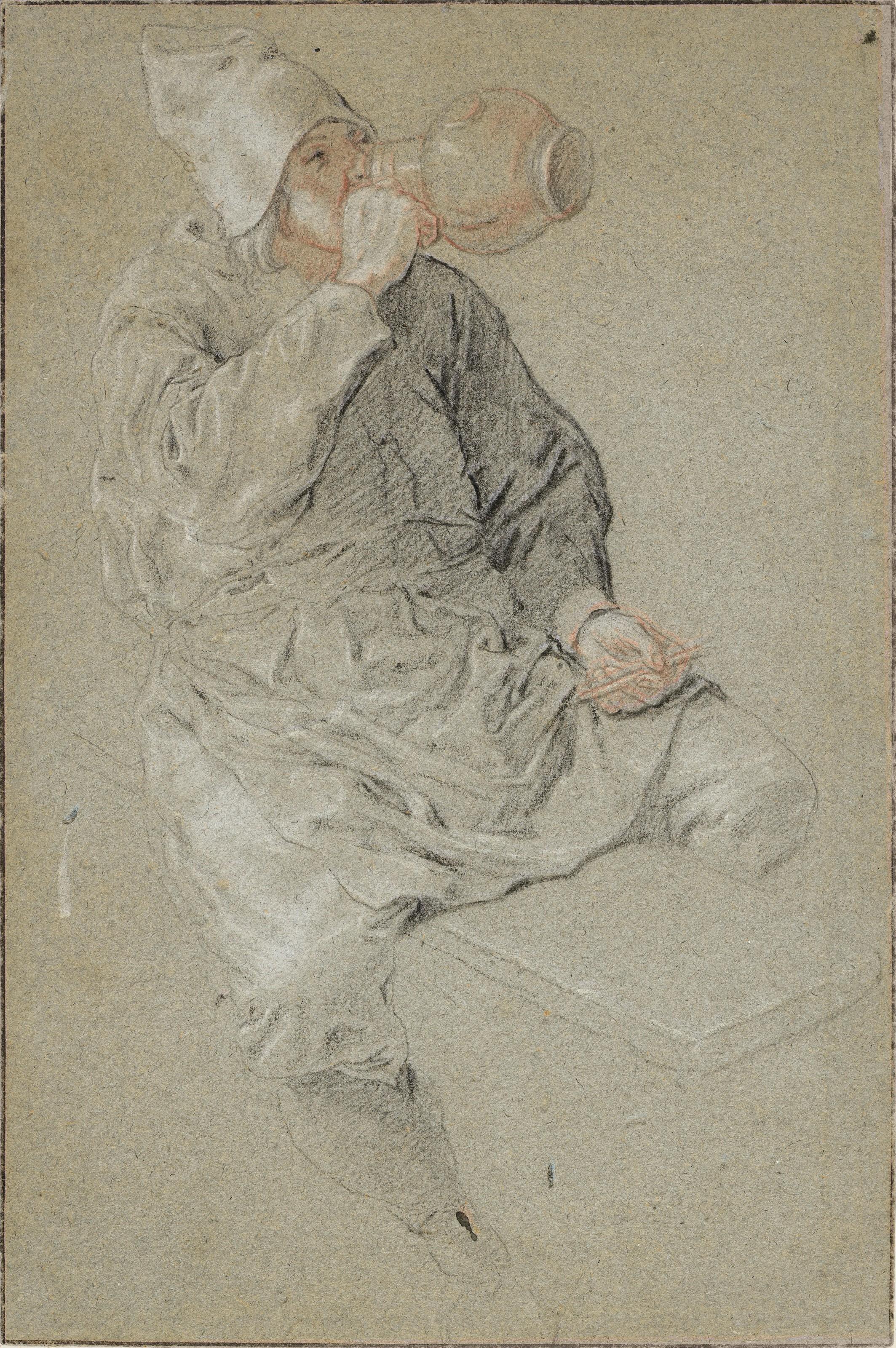 Cornelis Dusart - A seated man drinking from an earthenware tankard and holding a pipe