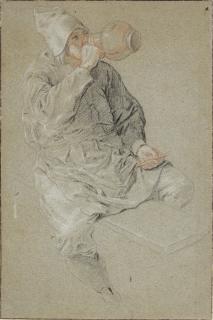 Cornelis Dusart - A seated man drinking from an earthenware tankard and holding a pipe
