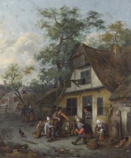 Cornelis Dusart - A Village Street With A Fiddler And A Hurdy-Gurdy Player Before An Inn With Other Figures
