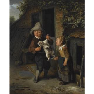 Cornelis Dusart - A Young Boy And Girl In Front Of A Cottage, Teasing A Cat