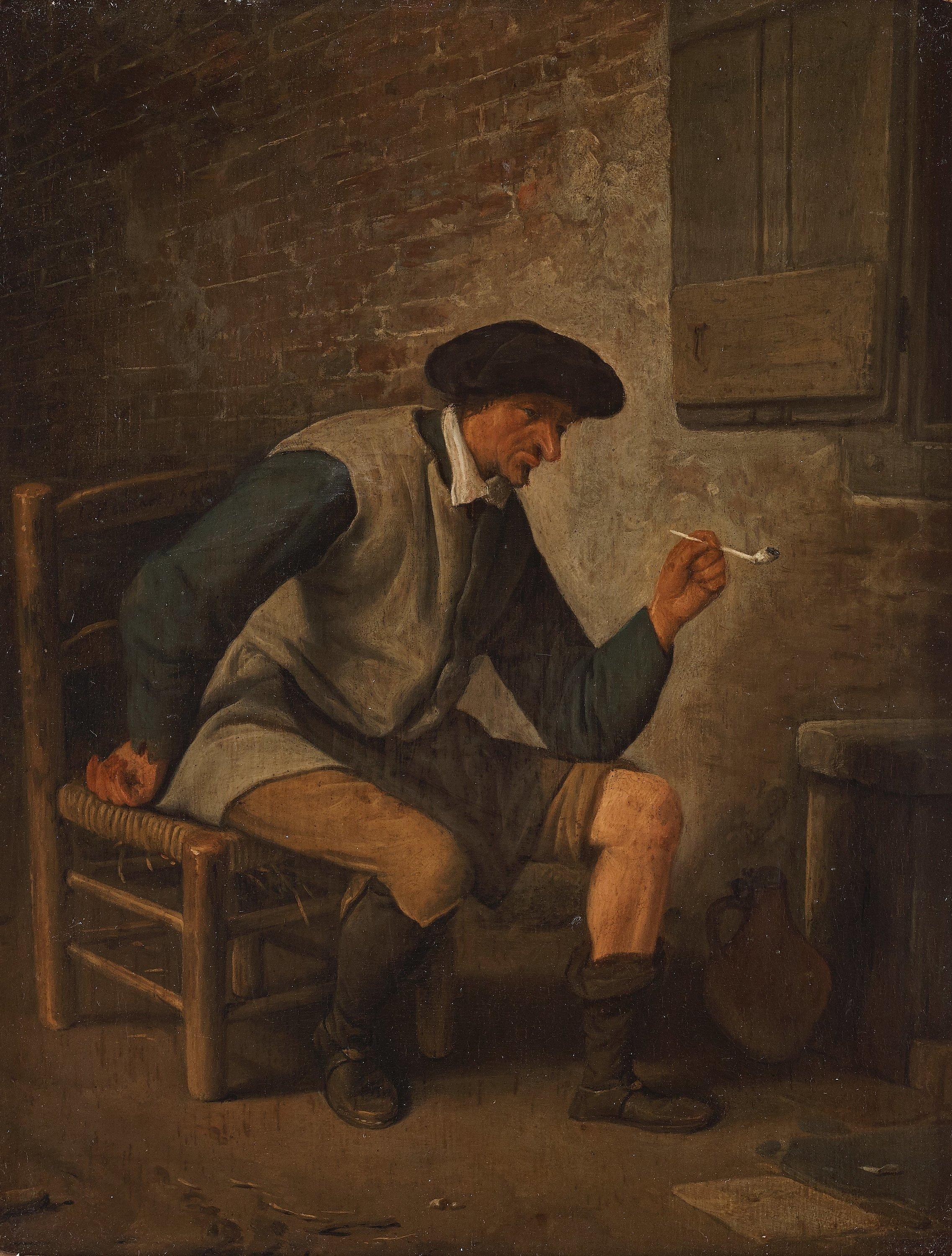 Cornelis Dusart - Interior with a man smoking