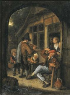 Cornelis Dusart - Peasants by a doorway with a pipe player, through an open arch
