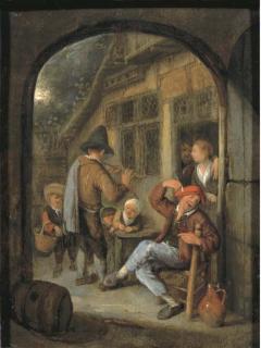 Cornelis Dusart - Peasants by a doorway with a pipe player, through an open arch