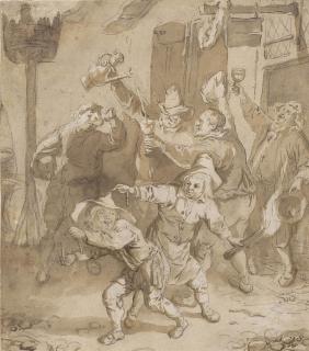 Cornelis Dusart - Peasants carousing outside a tavern (recto); Study of a prowling cat (verso)