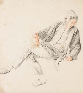 Cornelis Dusart - Un paysan assis regardant en bas à droite, tenant un pichet