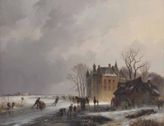 Cornelis Gerrit Verburgh - A winter landscape with skaters on a frozen lake near a castle