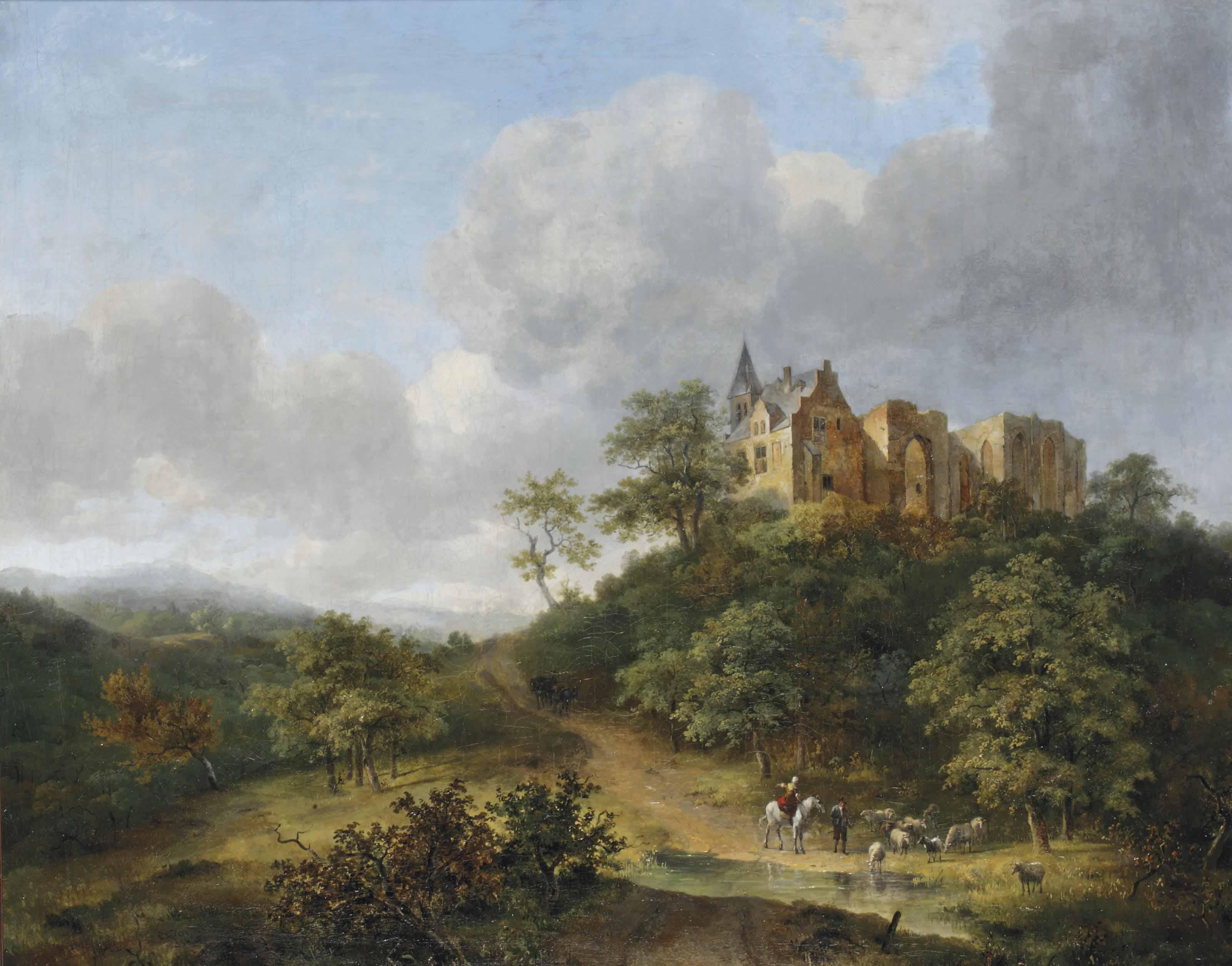 Cornelis Gerrit Verburgh - Shepherds Watering Their Cattle Near The Ruins Of The St. Vitus Convent On The Elterberg
