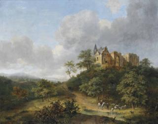 Cornelis Gerrit Verburgh - Shepherds Watering Their Cattle Near The Ruins Of The St. Vitus Convent On The Elterberg