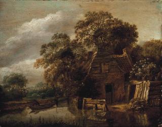 Cornelis Gerritsz Decker - A Cottage By A Stream, With A Fisherman Drawing His Nets In A Boat Beyond