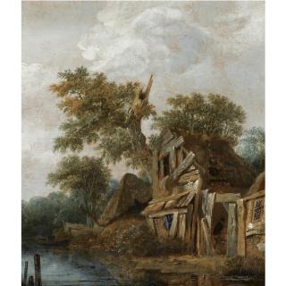 Cornelis Gerritsz. Decker - A Wooded Landscape With A Farmstead On The Banks Of A River, A Figure Entering The Cottage