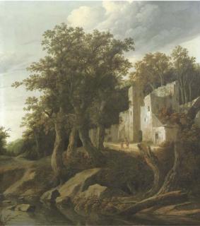 Cornelis Gerritsz. Decker - A Wooded River Landscape With Figures Conversing Outside A Ruinous Building