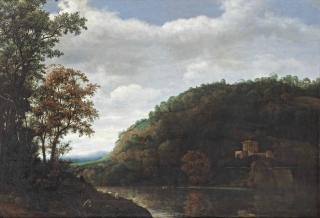Cornelis Hendriksz. Vroom - A mountainous river landscape with a shepherd in the left foreground and a temple on the opposite river bank