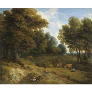 Cornelis Huysmans - A Wooded Landscape With Cows, And Figures In The Foreground
