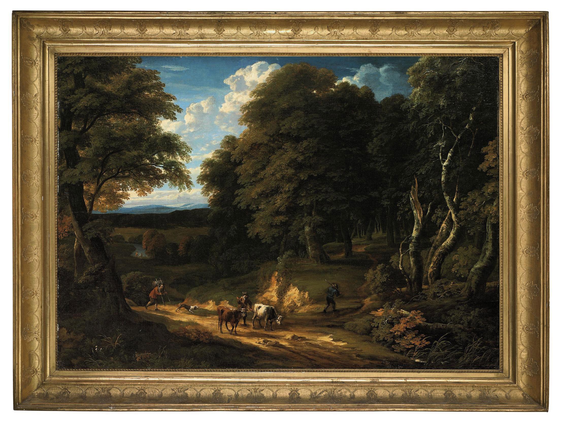 Cornelis Huysmans - A wooded landscape with figures and cattle on a track