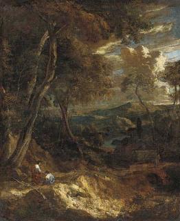 Cornelis Huysmans - A wooded landscape with figures on a track