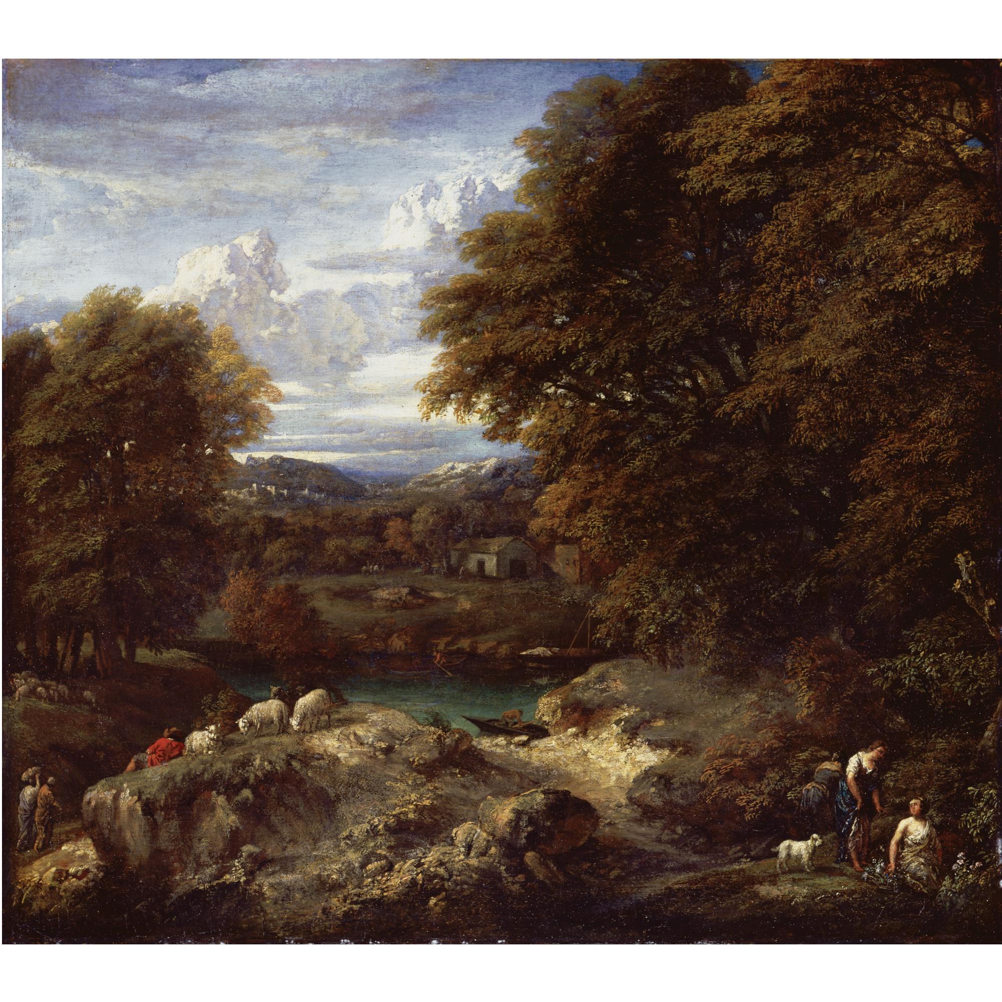 Cornelis Huysmans - A Wooded River Landscape With A Shepherd Resting Near His Flock