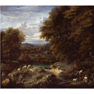 Cornelis Huysmans - A Wooded River Landscape With A Shepherd Resting Near His Flock
