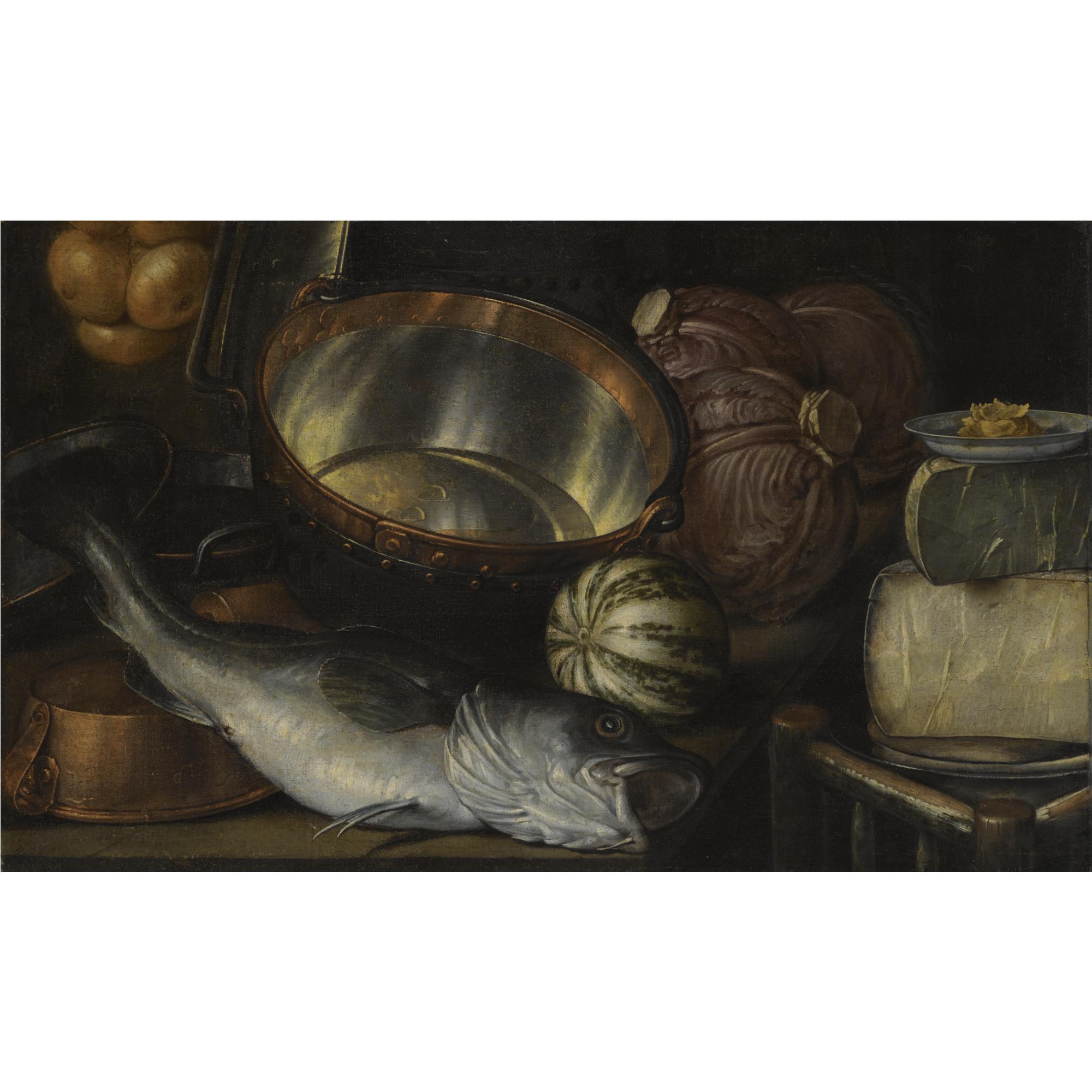 Cornelis Jacobsz. Delff - A Still Life With A Fish, Onions, Cabbage, Cheese And Copper Pots