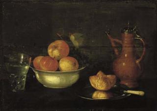 Cornelis Jacobsz. Delff - Apples and grapes in a porcelain bowl, a bread roll on a pewter plate, a glass of water and a jug on a wooden ledge.