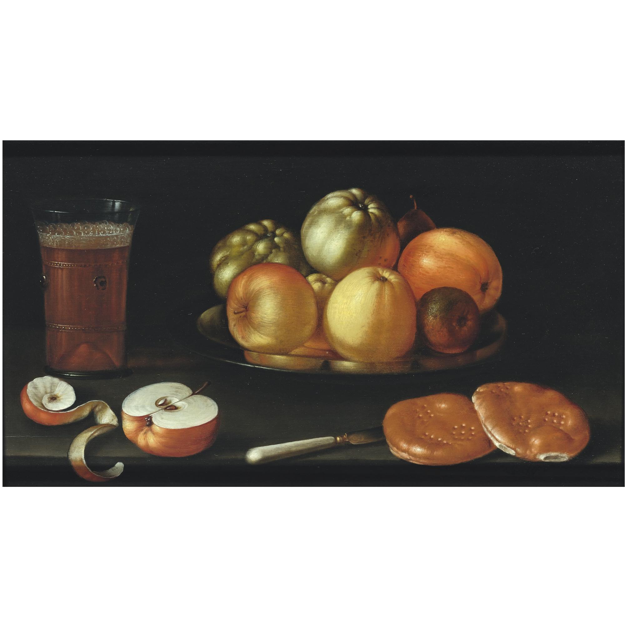 Cornelis Jacobsz. Delff - Still Life With Apples And Other Fruit On A Tazza, Together With A Glass Of Beer, A Partly Peeled Apple, A Knife And Two Bread Rolls