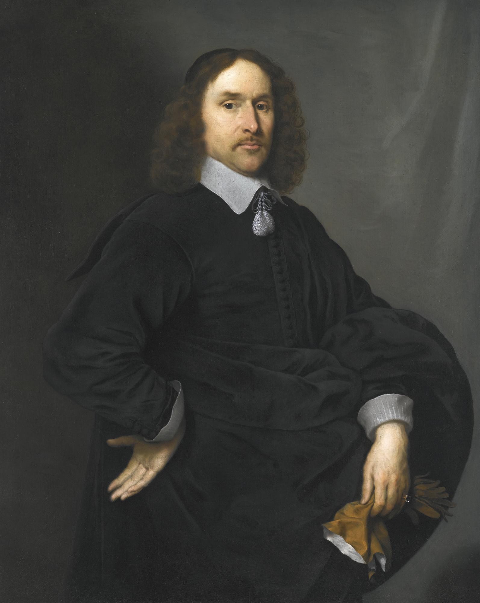Cornelis Janssens Van Ceulen - Portrait Of A Gentleman, Half Length, Dressed In Black, Holding A Pair Of Tan Gloves
