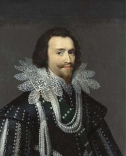Cornelis Janssens Van Ceulen - Portrait of George Villiers, 1st Duke of Buckingham, (1592-1628), bust length, wearing a black costume adorned with pearls and a white lace collar