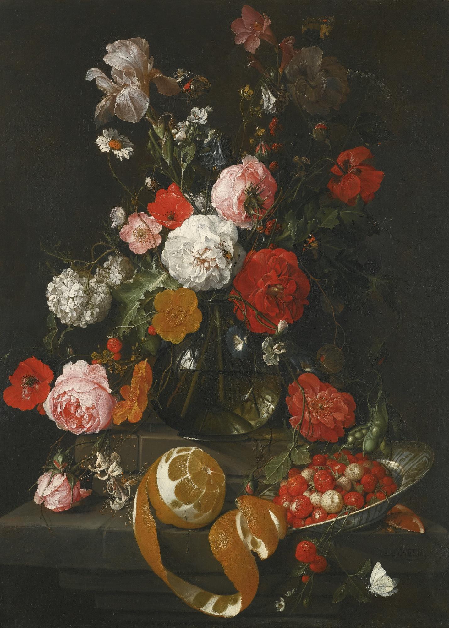 Cornelis Jansz. De Heem - A Still Life Of Roses, Poppies, Lillies And Other Flowers In A Glass Vase On A Marble Shelf; Beneath A Partly Peeled Orange And Fraises De Bois In A Wan Li Porcelain Dish, Both On A Projecting Marble Ledge