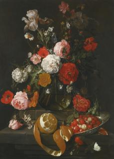 Cornelis Jansz. De Heem - A Still Life Of Roses, Poppies, Lillies And Other Flowers In A Glass Vase On A Marble Shelf; Beneath A Partly Peeled Orange And Fraises De Bois In A Wan Li Porcelain Dish, Both On A Projecting Marble Ledge
