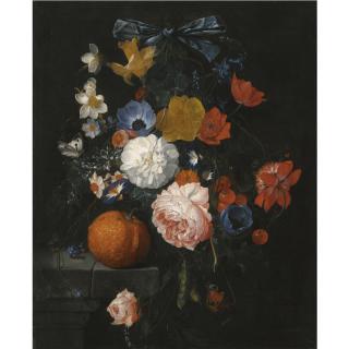 Cornelis Jansz. De Heem - A Still Life With Roses, Daffodils, Bluebells And Other Flowers On A Stone Ledge With An Orange, Blackberries And Two Butterflies