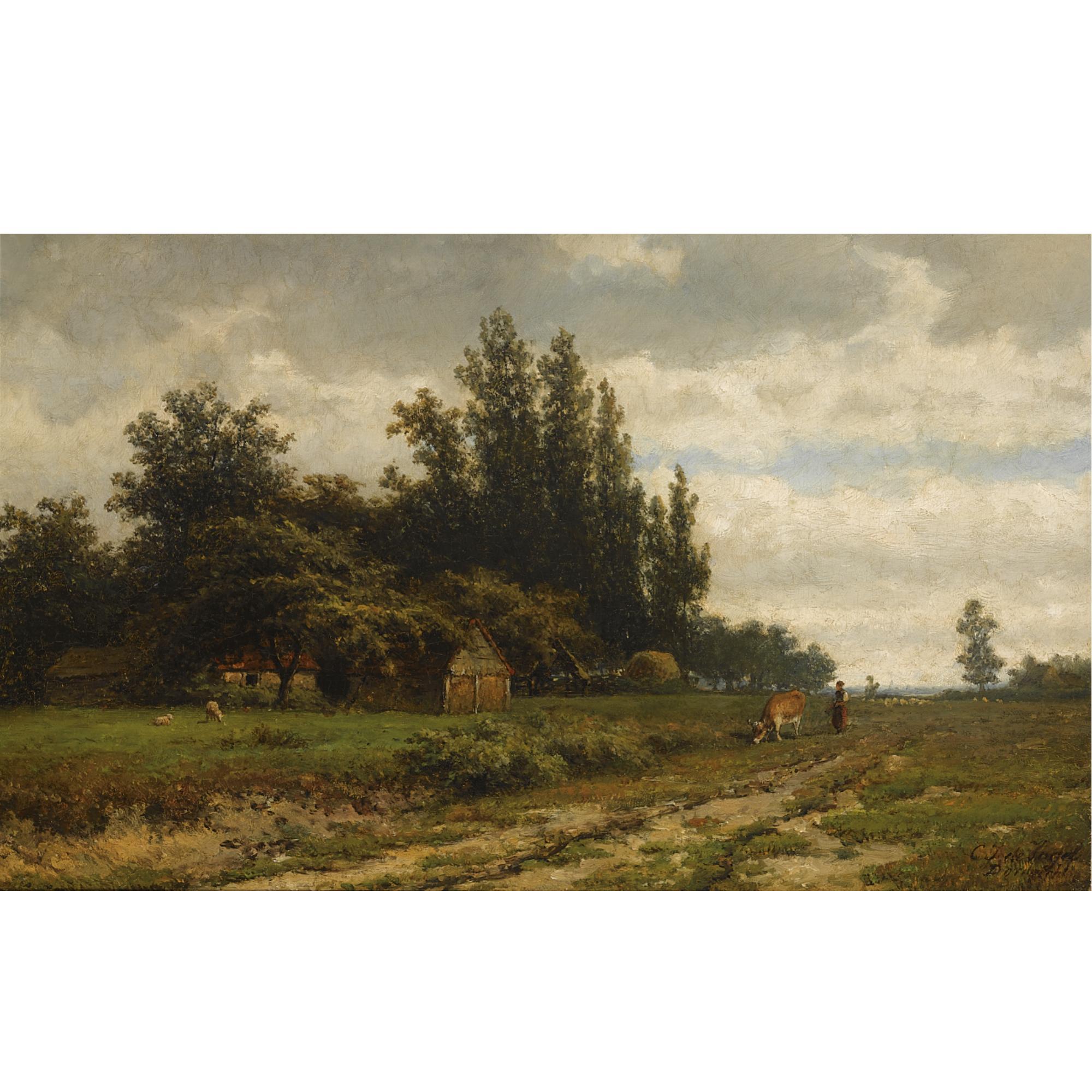 Cornelis Johannes de Vogel - A Peasant Woman With Her Cow Near A Farm