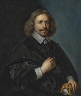 Cornelis Johnson Van Ceulen - Portrait of a gentleman, half-length, in a black coat with white collar and cuffs, holding a pair of gloves