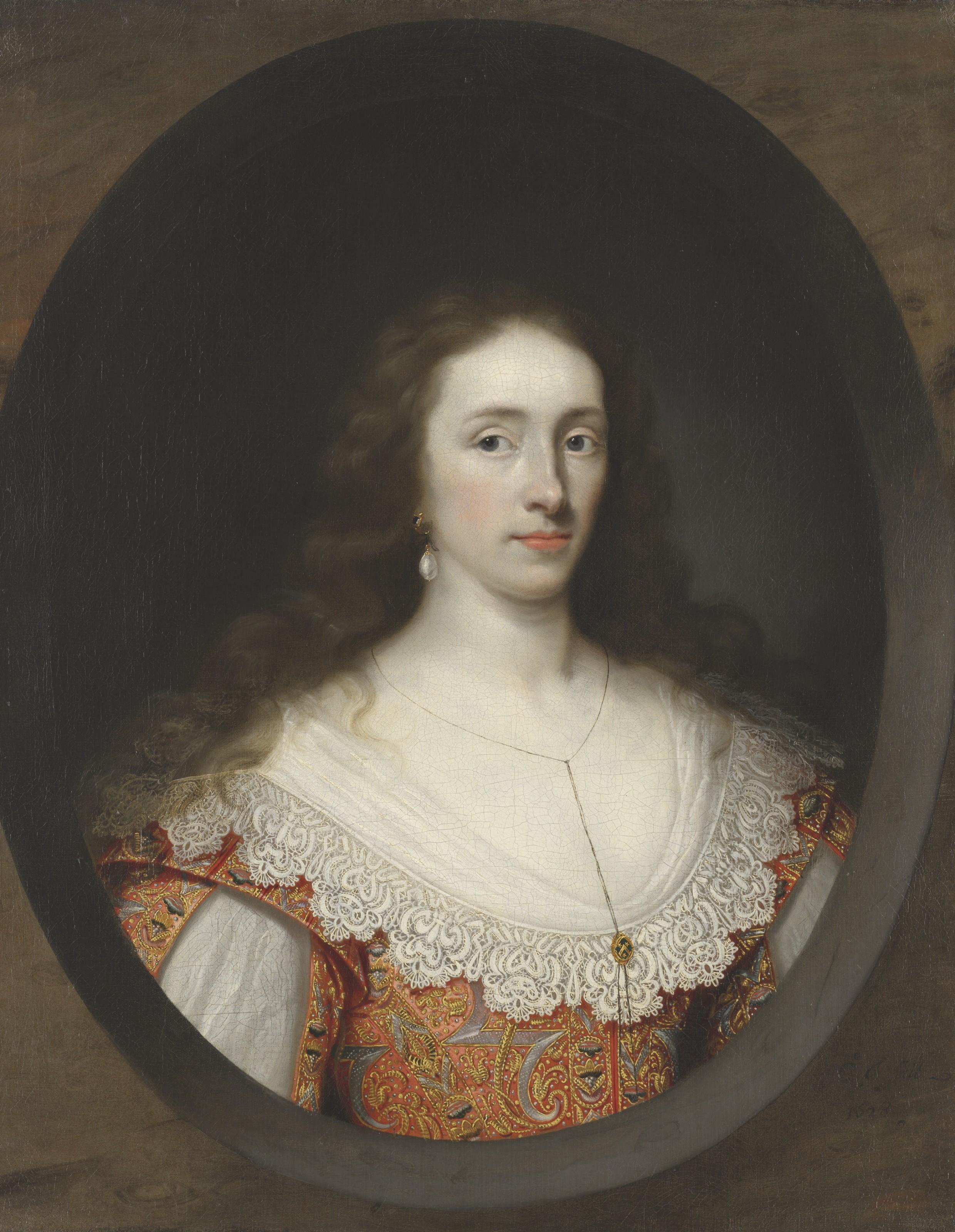 Cornelis Johnson Van Ceulen - Portrait of a lady, traditionally identified as Mary Chetwynd (d.1637), bust-length, in a red brocade gown, in a feigned marble cartouche