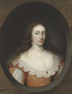 Cornelis Johnson Van Ceulen - Portrait of a lady, traditionally identified as Mary Chetwynd (d.1637), bust-length, in a red brocade gown, in a feigned marble cartouche