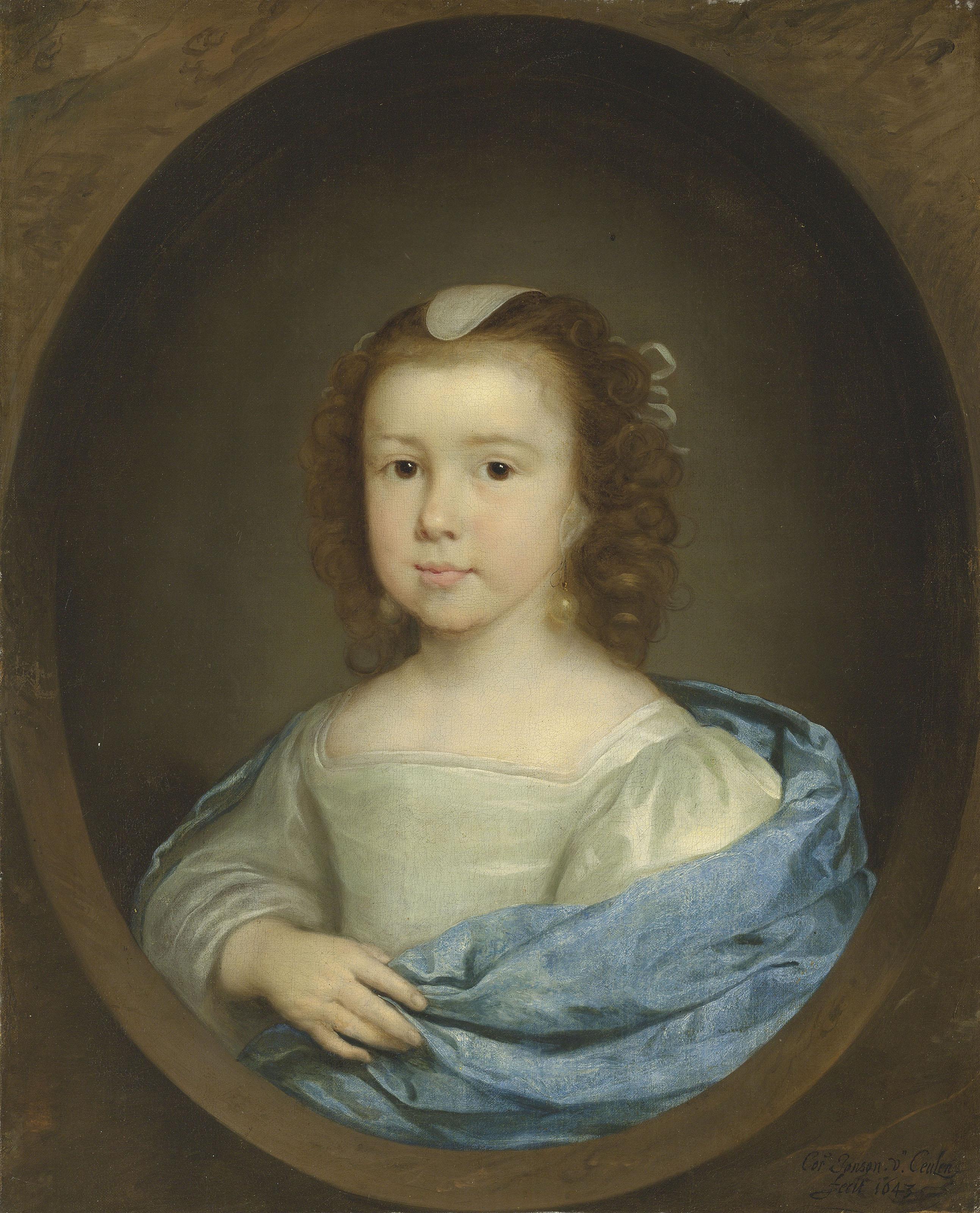 Cornelis Johnson Van Ceulen - Portrait of a young girl, bust-length, in a cream gown and blue wrap, in a feigned oval