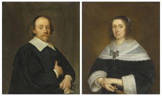 Cornelis Jonson Van Ceulen I - Portrait of a gentleman, half-length, in a black coat and cloak; and Portrait of a lady, half-length, in a black gown and a lace-trimmed flat collar and cuffs