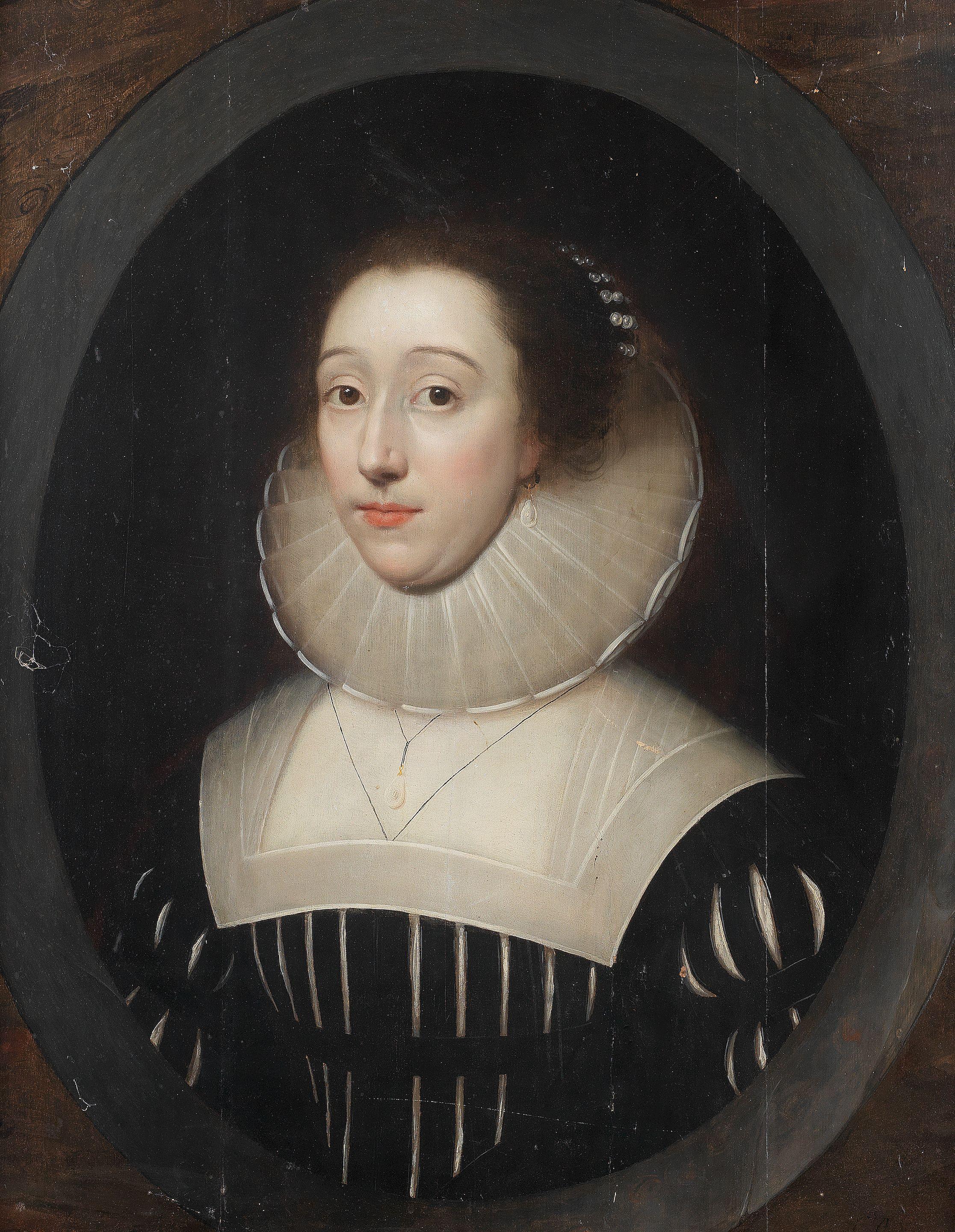 Cornelis Jonson van Ceulen I - Portrait of a lady, said to be Lady Sidley, in a black dress slashed to reveal white, within a painted stone oval
