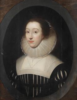 Cornelis Jonson van Ceulen I - Portrait of a lady, said to be Lady Sidley, in a black dress slashed to reveal white, within a painted stone oval