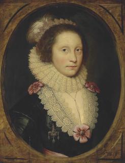 Cornelis Jonson Van Ceulen I - Portrait Of A Lady, Traditionally Identified As Lady Corbett, Half-Length, In A Black Dress Adorned With Pink Rosettes And A Reticella Lace Collar, Cartwheel Ruff And Headdress, In A Feigned Oval